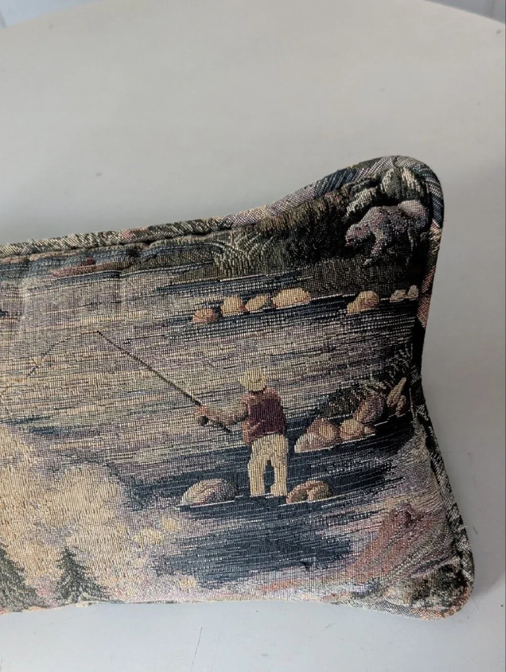 Scenic Fisherman Tapestry Accent Pillow Blue Green Dad Fishing Deer River Nature